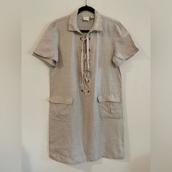 Chico's Women’s Shift Mini Dress Medium Tan Foiled 100% Linen Contemporary - Picture 5 of 17